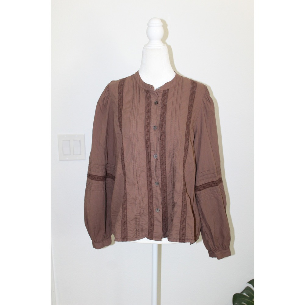 Xirena Brown Mocha Cotton Lace Trim Pintuck Button Down Cottagecore Blouse Small